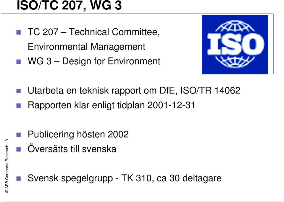 Rapporten klar enligt tidplan 2001-12-31 ABB Corporate Research - 3