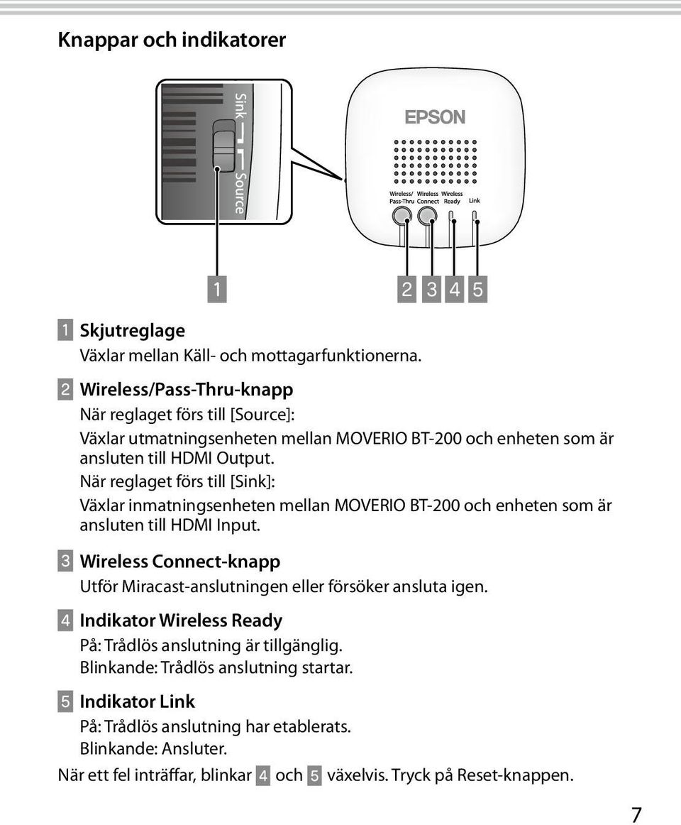 När reglaget förs till [Sink]: Växlar inmatningsenheten mellan MOVERIO BT-200 och enheten som är ansluten till HDMI Input.