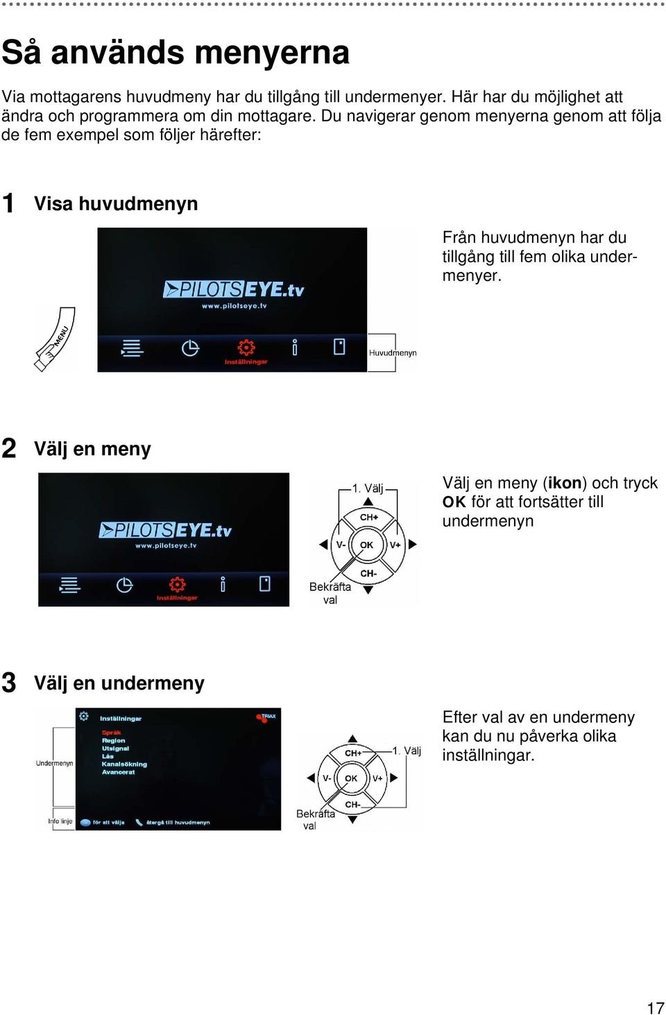 Du navigerar genom menyerna genom att följa de fem exempel som följer härefter: 1 Visa huvudmenyn Från huvudmenyn har