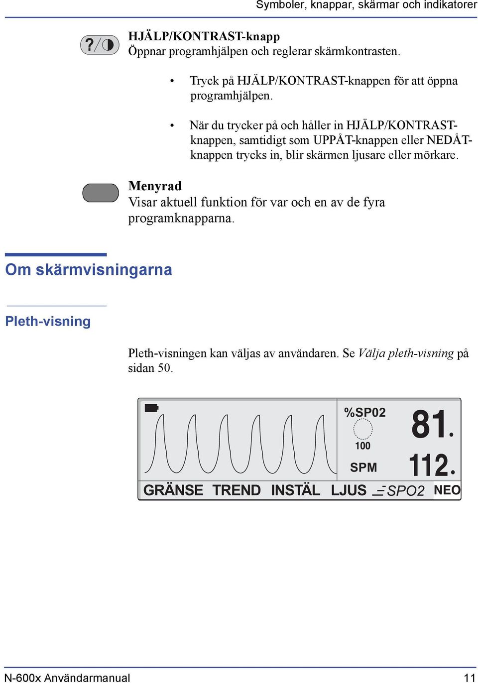 När du trycker på och håller in HJÄLP/KONTRASTknappen, samtidigt som UPPÅT-knappen eller NEDÅTknappen trycks in, blir skärmen ljusare eller