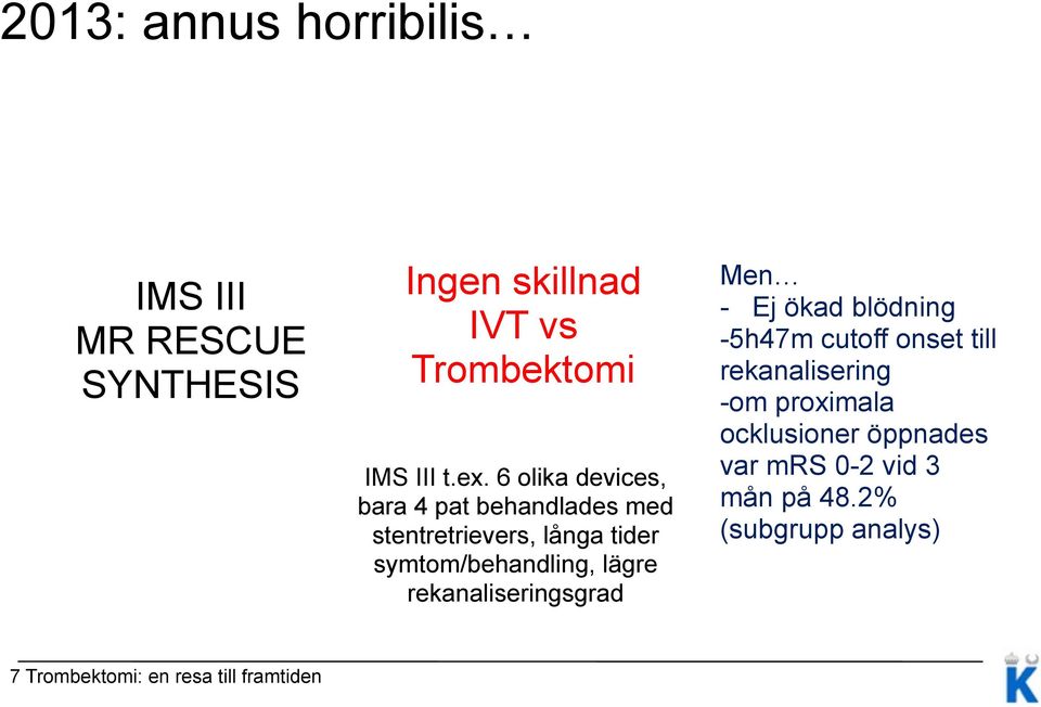 rekanaliseringsgrad Men - Ej ökad blödning -5h47m cutoff onset till rekanalisering -om proximala