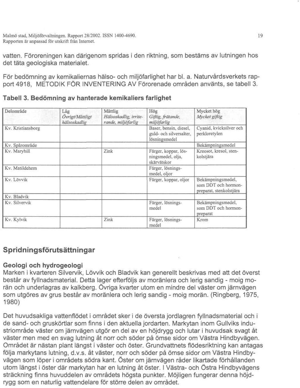 Tabell 3. Bedömning av hanterade kemikaliers farlighet Kv. Kristiansborg Baser, bensin, diesel, guld- och silversalter, lösnin!!smedel Kv. Spårområde K v.