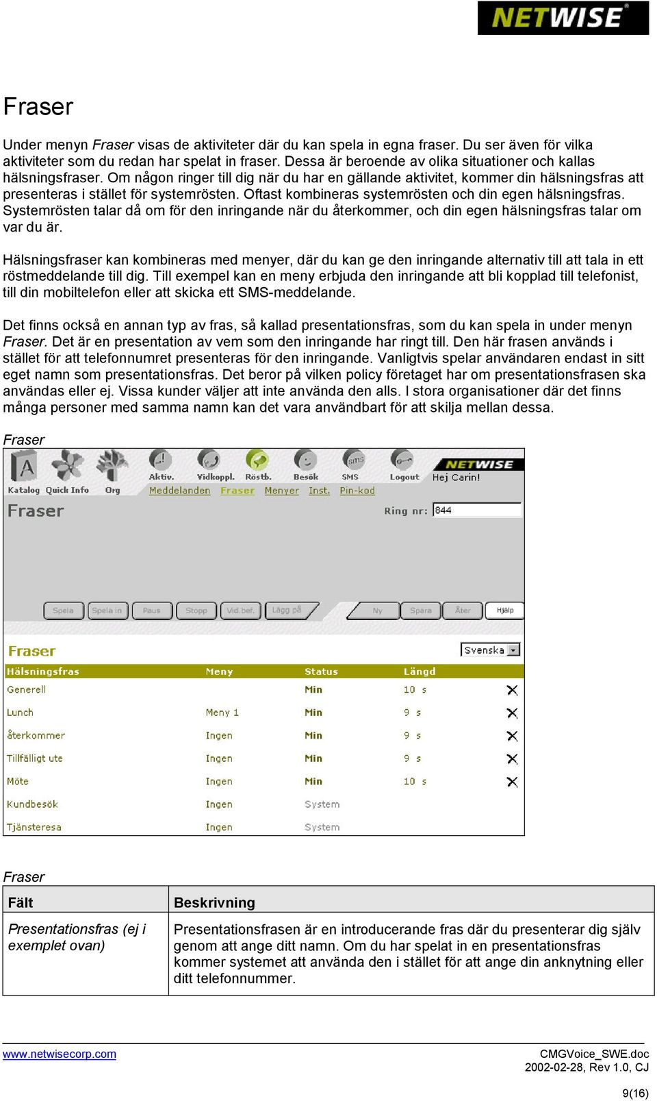 Oftast kombineras systemrösten och din egen hälsningsfras. Systemrösten talar då om för den inringande när du återkommer, och din egen hälsningsfras talar om var du är.
