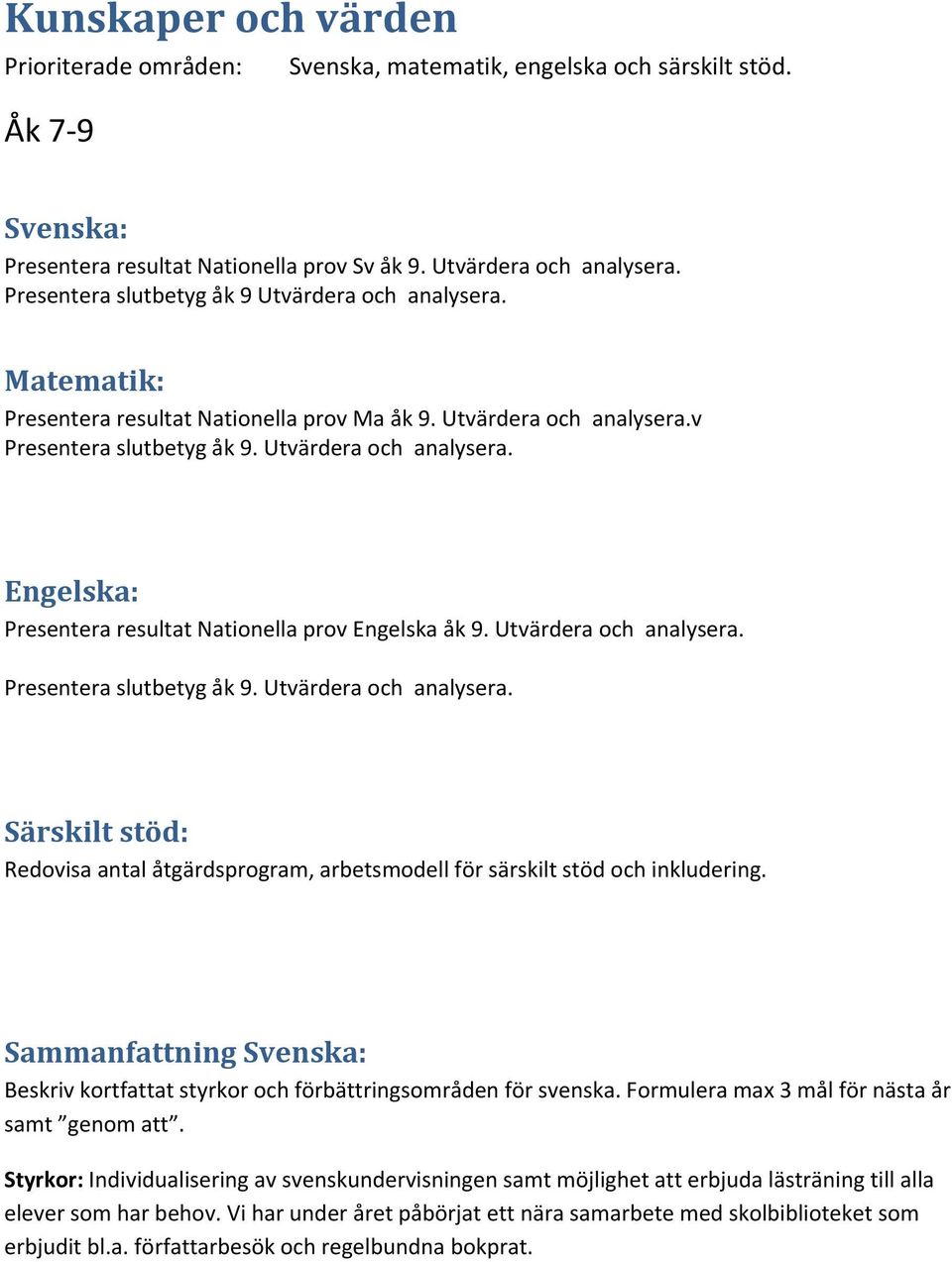 Utvärdera och analysera. Presentera slutbetyg åk 9. Utvärdera och analysera. Särskilt stöd: Redovisa antal åtgärdsprogram, arbetsmodell för särskilt stöd och inkludering.