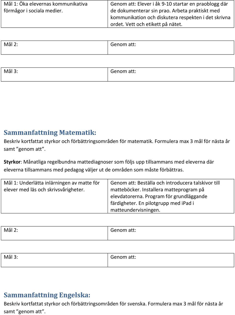 Formulera max 3 mål för nästa år Styrkor: Månatliga regelbundna mattediagnoser som följs upp tillsammans med eleverna där eleverna tillsammans med pedagog väljer ut de områden som måste förbättras.