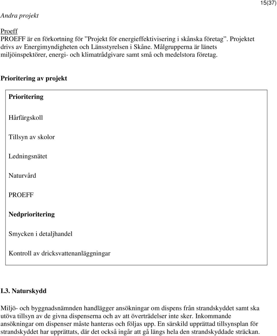 Prioritering av projekt Prioritering Hårfärgskoll Tillsyn av skolor Ledningsnätet Naturvård PROEFF Nedprioritering Smycken i detaljhandel Kontroll av dricksvattenanläggningar I.3.