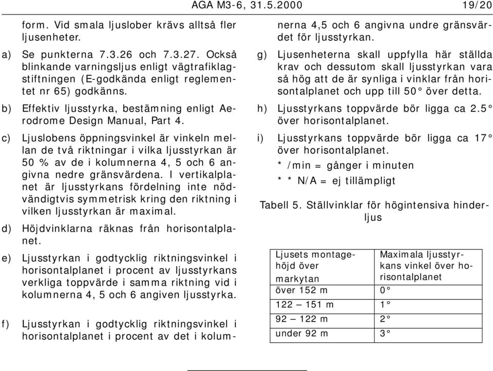 c) Ljuslobens öppningsvinkel är vinkeln mellan de två riktningar i vilka ljusstyrkan är 50 % av de i kolumnerna 4, 5 och 6 angivna nedre gränsvärdena.