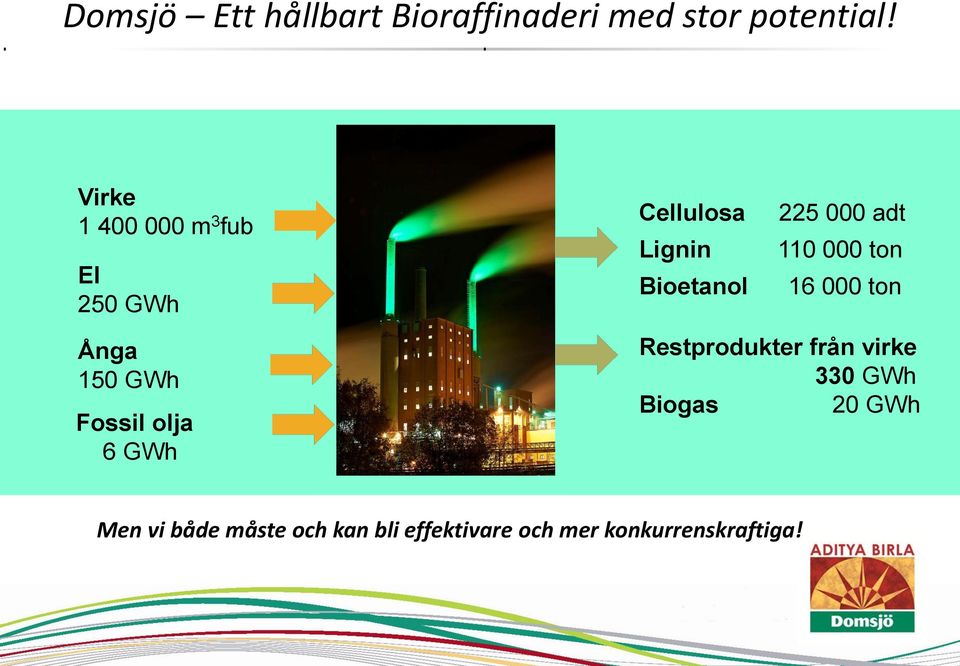 Cellulosa 225 000 adt Lignin 110 000 ton Bioetanol 16 000 ton