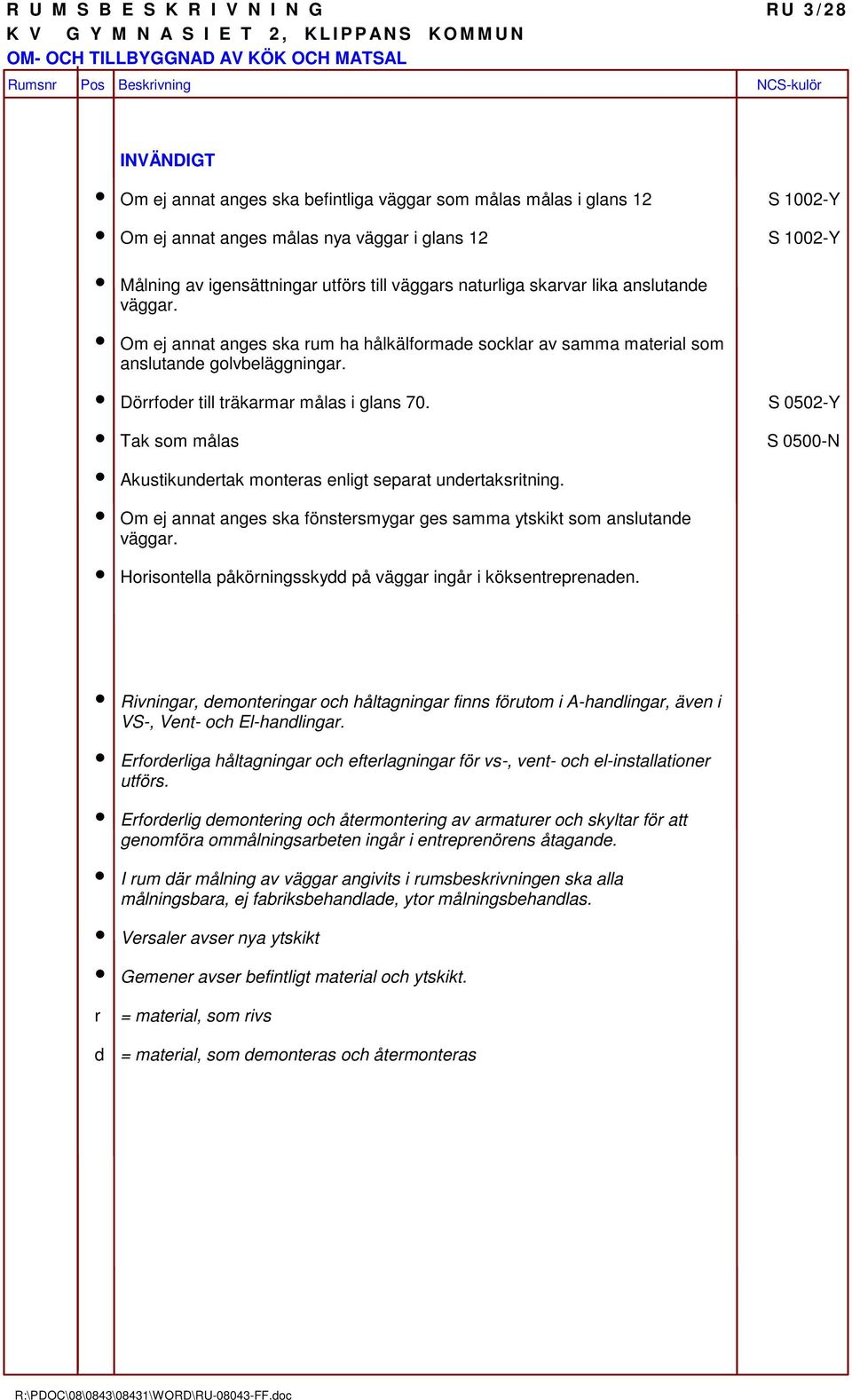 Dörrfoder till träkarmar målas i glans 70. S 0502-Y Tak som målas S 0500-N Akustikundertak monteras enligt separat undertaksritning.