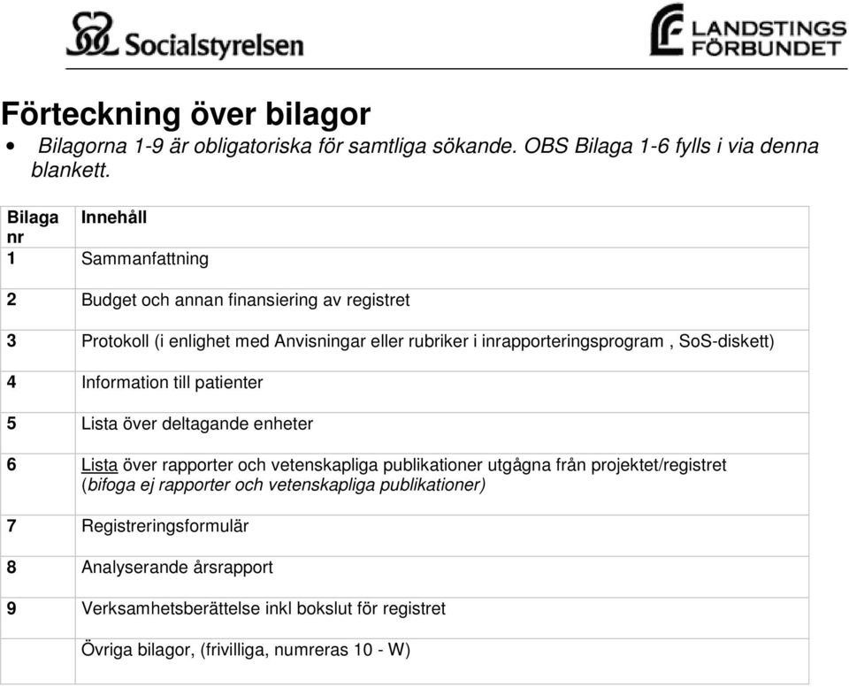 SoS-diskett) 4 Information till patienter 5 Lista över deltagande enheter 6 Lista över rapporter och vetenskapliga publikationer utgågna från projektet/registret