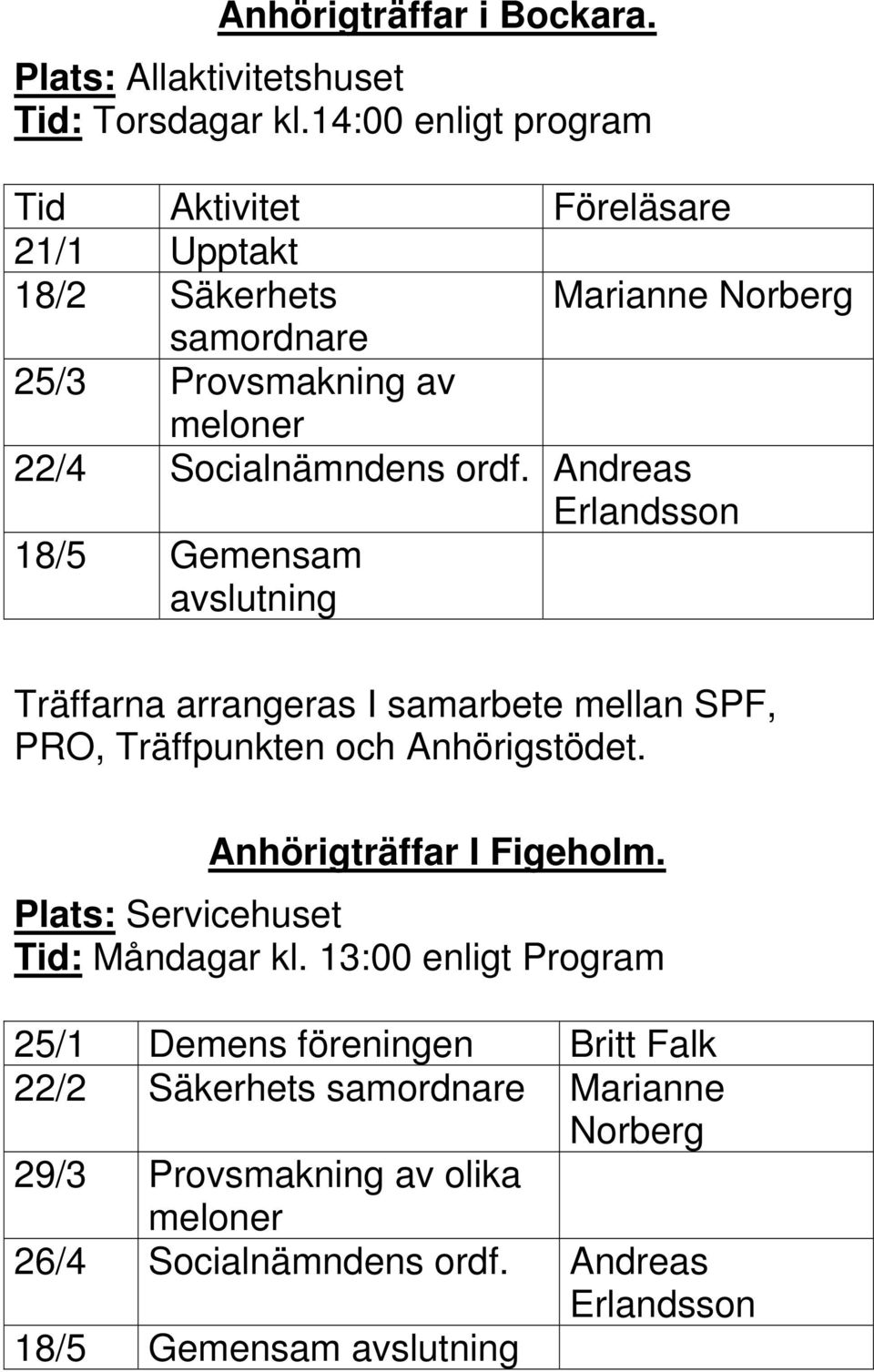 ordf. Andreas Erlandsson 18/5 Gemensam avslutning Träffarna arrangeras I samarbete mellan SPF, PRO, Träffpunkten och Anhörigstödet.