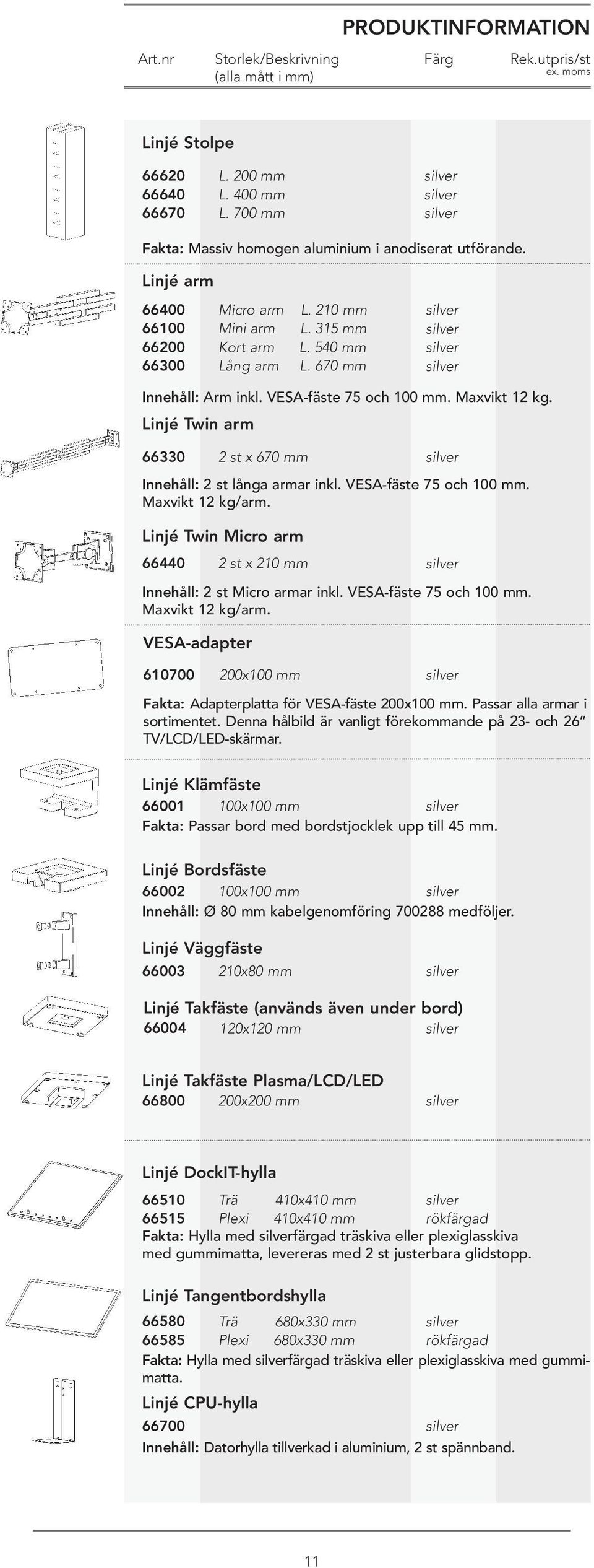 VESA-fäste 75 och 100 mm. Maxvikt 12 kg/arm. Linjé Twin Micro arm Innehåll: 2 st Micro armar inkl. VESA-fäste 75 och 100 mm. Maxvikt 12 kg/arm. VESA-adapter 610700 200x100 mm Fakta: Adapterplatta för VESA-fäste 200x100 mm.