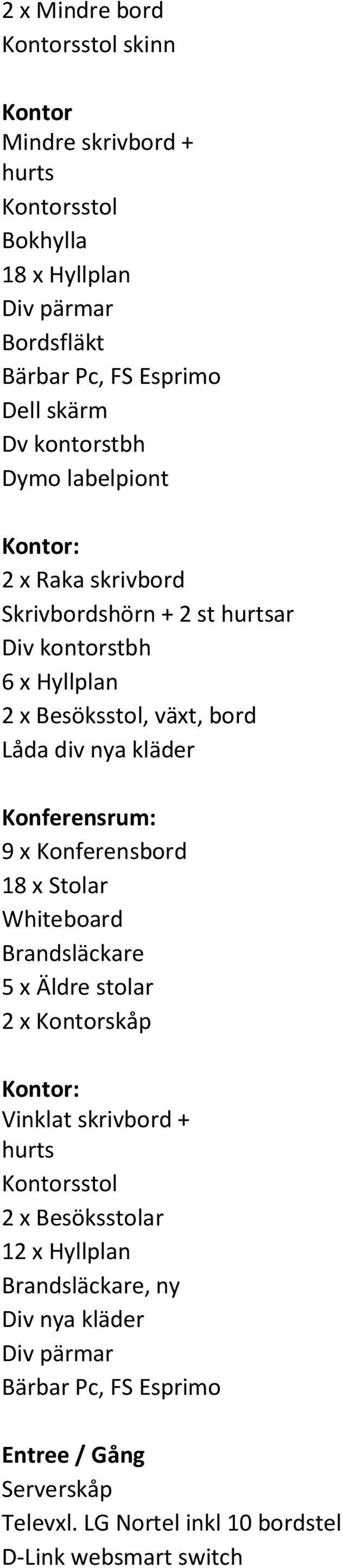 Konferensrum: 9 x Konferensbord 18 x Stolar Whiteboard Brandsläckare 5 x Äldre stolar 2 x skåp : sstol 2 x Besöksstolar 12 x Hyllplan