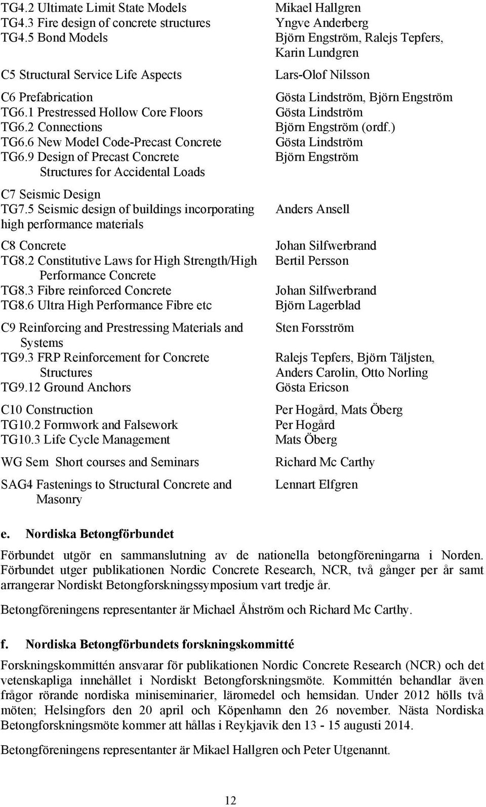 5 Seismic design of buildings incorporating high performance materials C8 Concrete TG8.2 Constitutive Laws for High Strength/High Performance Concrete TG8.3 Fibre reinforced Concrete TG8.