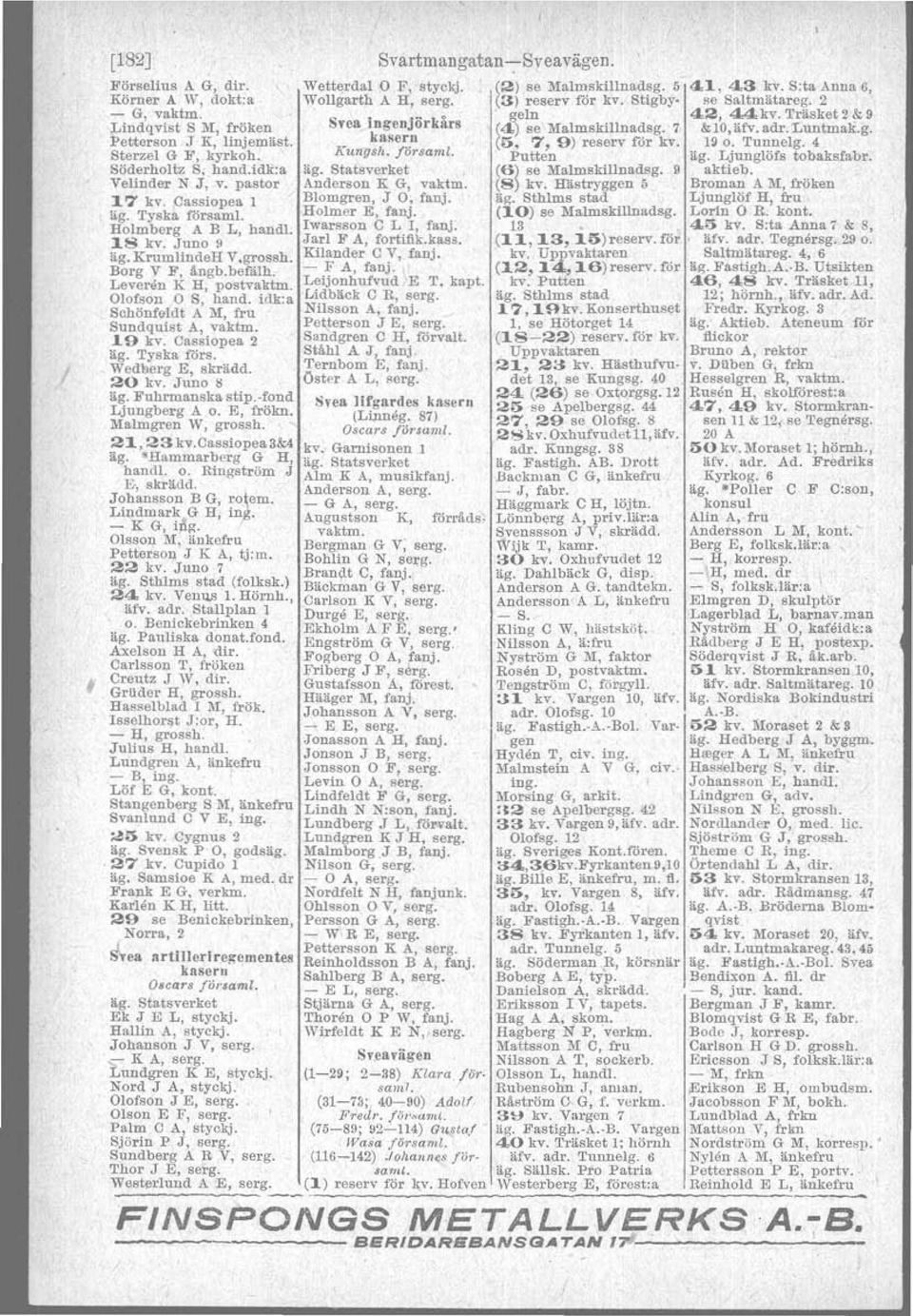 Träsket2&:9 Lindqvist S M, fröken vea mgenjor ars «:1,)se\Malmskillnadsg. 7 &lo,äfv.adr.'luntmak.g. Petterson J K, linjemäst. kasern (r> 7 9) 'reserv ror kv. 19o. Tunnelg. 4 Sterzel G F, kyrkoh.