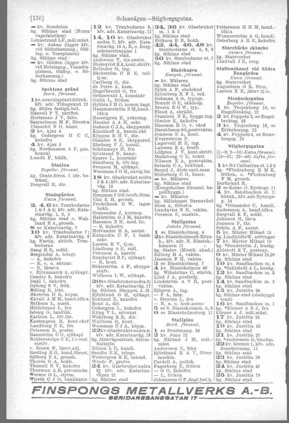 , Vanadta- Bolinder H, ing. platsen, Gäfleg; o. SÖ- Bäckström C E E, tull. derhamnsg.) ag. Sthlms stad Spektens gränd, Stork.!örsaml. Ikv.Aesculapius1;börnh. äfv. adr.' Trångsund 12 g. Södra fastigh.