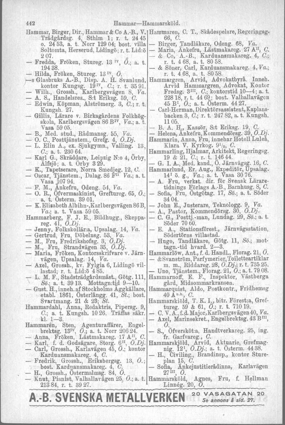 ; - Fredda, Fröken, Stureg. 13 IV, U.; a. t. r. t. 468, a. t. 8058. 19438. _. - & Söner, Carl, Karduansmakareg. 4, Va.; - Hilda, Fröken, Stureg. 13 IV, Ö. r. t. 468, a. t. 8058. s Glasbruks A.