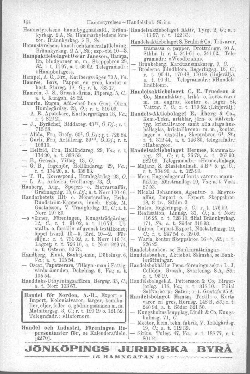 Sthlm 1; 1'. t. 24161 o. 24162. Tele. Hampaktiebolaget Oscar Jansson; Hampa, gramadr.:»woodbruhn». llll~ bindgarner m. m., Skepp:~ron 28~ Brunkeberg, Karduan'smakareg. 9, G. St., r. t. 1497, a t.