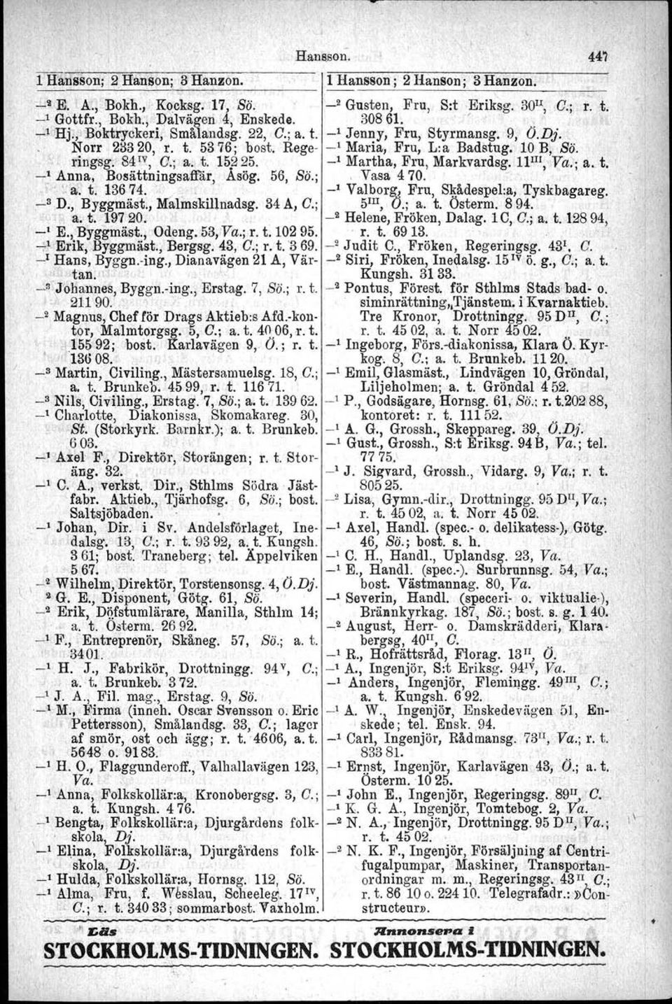 ringsg: 84 IV, O.; a; t. 15225. _1 Martha, Fru, Markvardsg. 11 Il1, Va.; a. t. ',1Anna, Bosättningsaffår,Åsög. 56, Sö.;. Vasa 470. - - 'lij: t. 13674. ';. _I Valborg, Fru, Skådespel:a, Tyskbagareg.