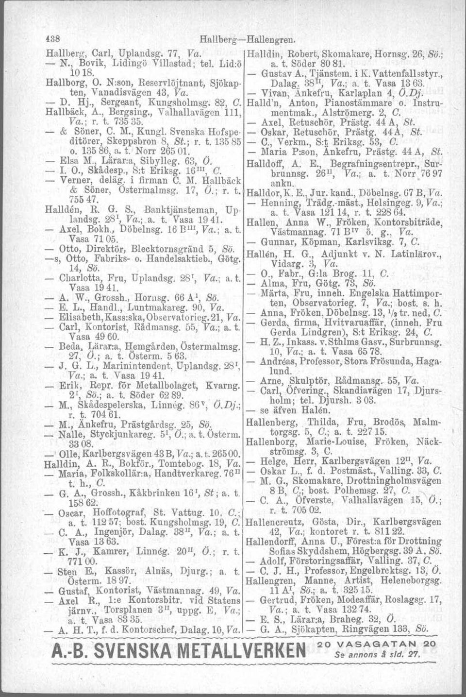 Halld'n, Anton, Pianostämmare o. Instru- Hallbäck, A., Bergsing., Valhallavägen 111, mentmak., Alströmerg. 2, C. Va.; r. t. 73535. - Axel, Retuschör, Prästg. 44 A, St. - & Söner, C. M., Kungl.