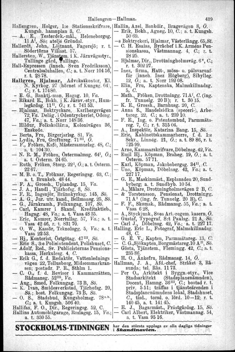 Armens Pen- Södertöms Villåst, 57. sionskassa, Västmannag, 4, e.; J:. t. Hallersten. W., TjäJls1iil~. i K. Järnvägsstyr., 2il25, I, Tullinge, gård"yullinge. Hjalmar, Dir., Drottningholmsväg. 6 v, C.