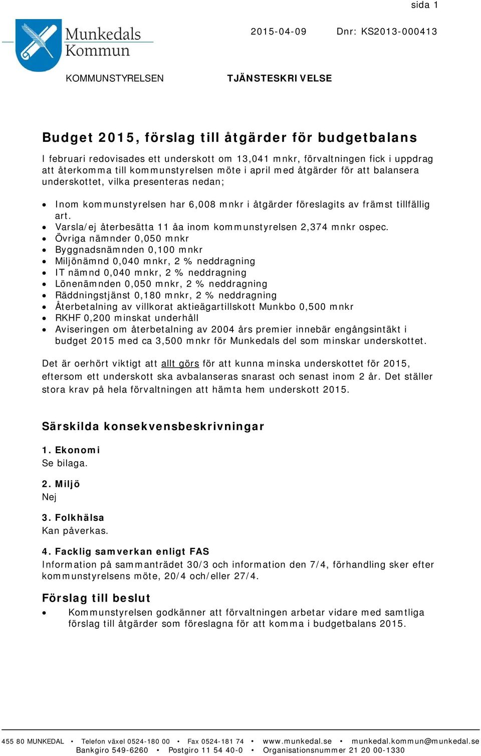 tillfällig art. Varsla/ej återbesätta 11 åa inom kommunstyrelsen 2,374 mnkr ospec.