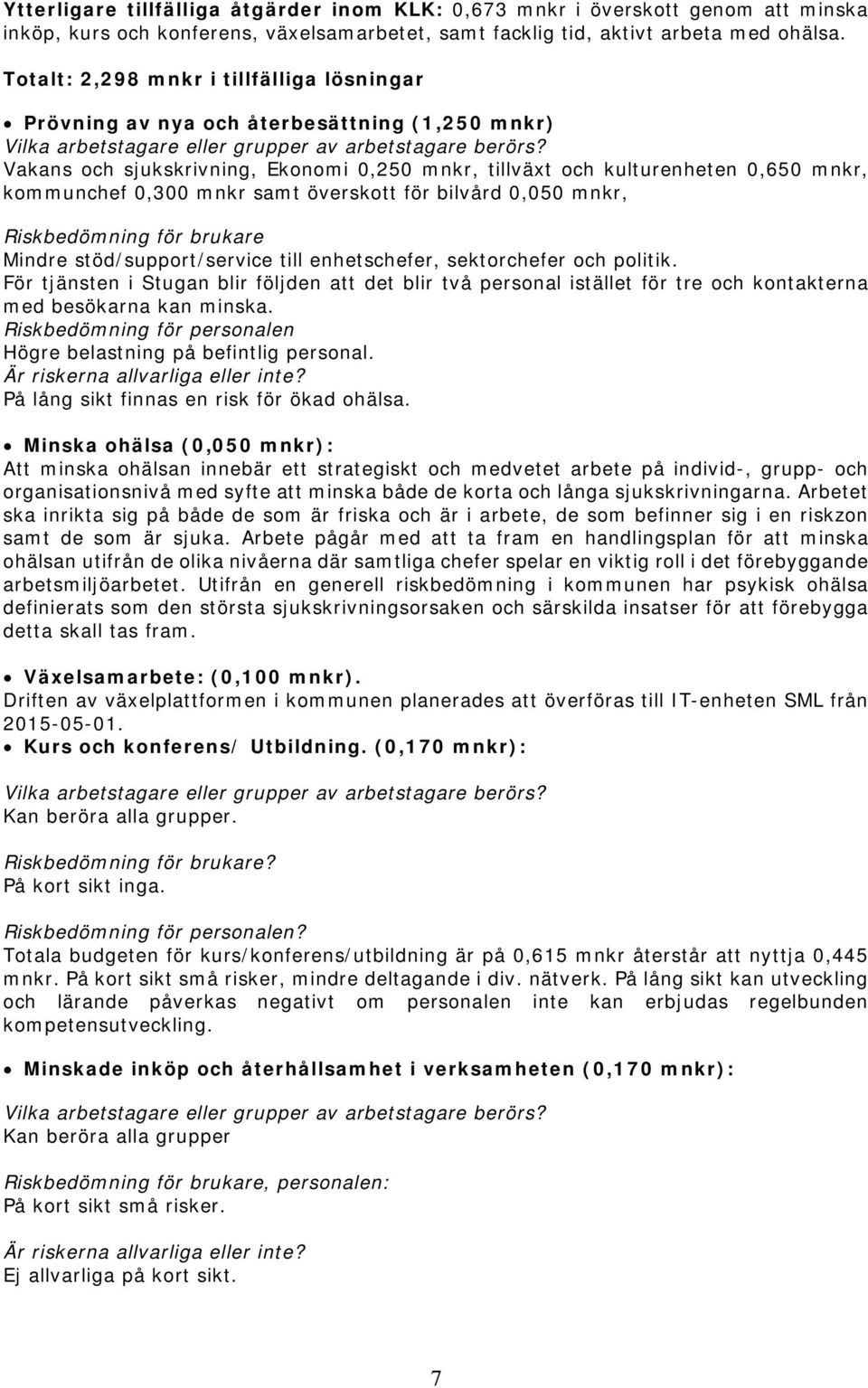 samt överskott för bilvård 0,050 mnkr, Riskbedömning för brukare Mindre stöd/support/service till enhetschefer, sektorchefer och politik.