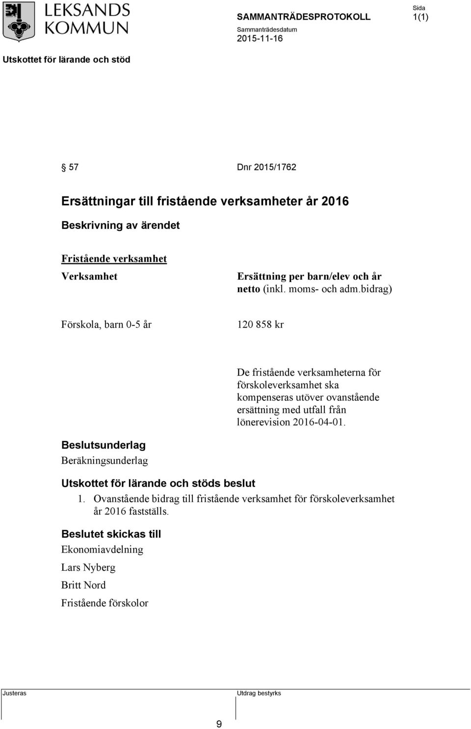 bidrag) Förskola, barn 0-5 år 120 858 kr De fristående verksamheterna för förskoleverksamhet ska kompenseras utöver ovanstående ersättning med