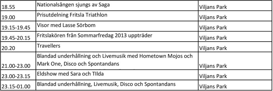 Sommarfredag 2013 uppträder Travellers Blandad underhållning och Livemusik med Hometown Mojos och Mark One,