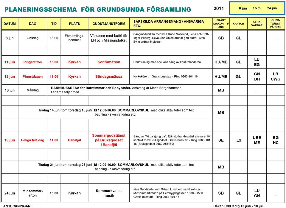 Eeva-Lisa Åhlen ordnar god buffé. Sten Bylin ordnar inbjudan. SB 11 jun Pingstafton 15.00 Kyrkan Konfirmation Redovisning med spel och sång av konfirmanderna. HU/MB 12 jun Pingstdagen 11.