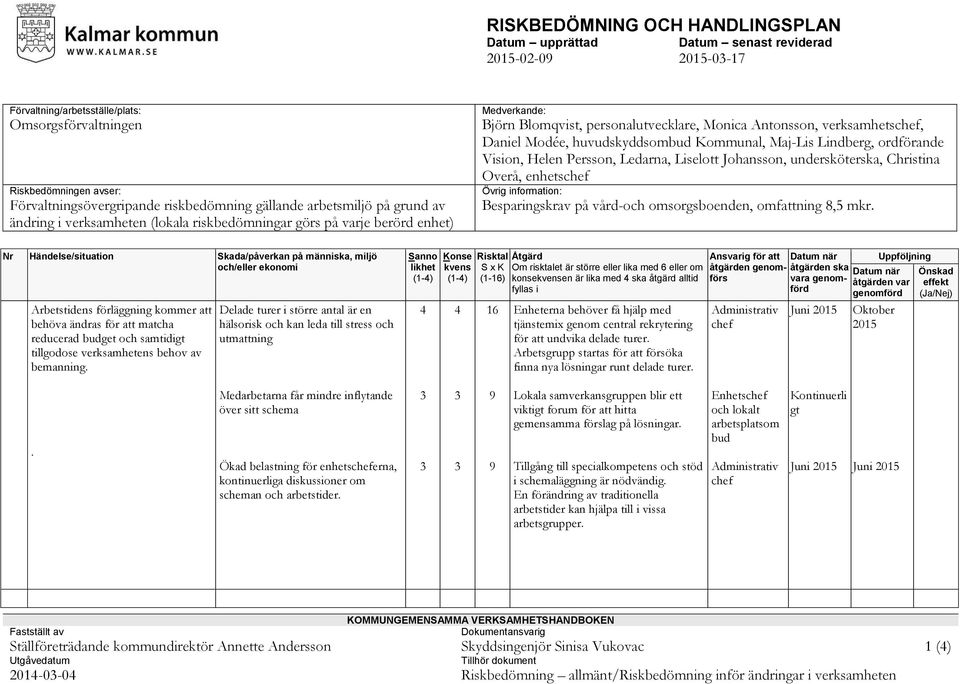 Modée, huvudskyddsombud Kommunal, Maj-Lis Lindberg, ordförande Vision, Helen Persson, Ledarna, Liselott Johansson, undersköterska, Christina Overå, enhetsch Övrig information: Besparingskrav på