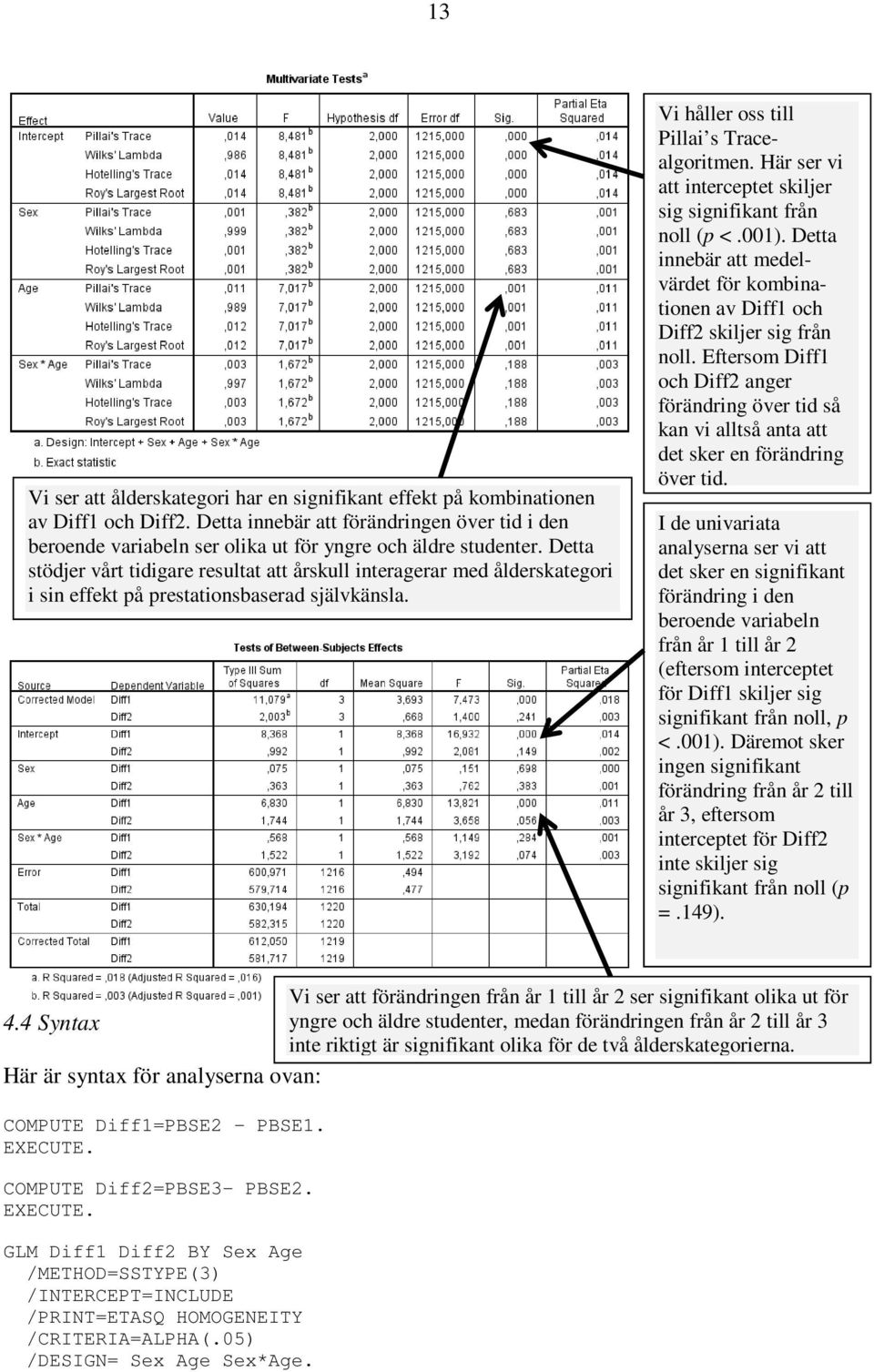 Här ser vi att interceptet skiljer sig signifikant från noll (p <.001). Detta innebär att medelvärdet för kombinationen av Diff1 och Diff2 skiljer sig från noll.