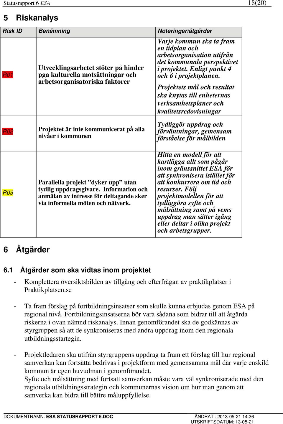 Projektets mål och resultat ska knytas till enheternas verksamhetsplaner och kvalitetsredovisningar Tydliggör uppdrag och förväntningar, gemensam förståelse för målbilden R03 Parallella projekt dyker