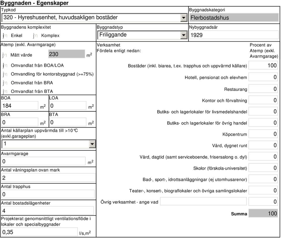 garageplan) 1 Avarmgarage Antal våningsplan ovan mark 2 Antal trapphus Antal bostadslägenheter 4 Projekterat genomsnittligt ventilationsflöde i lokaler och specialbyggnader,35 l/s, Verksamhet Fördela