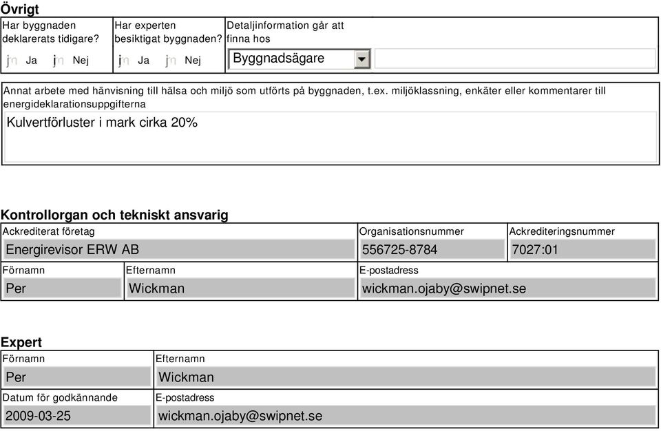 miljöklassning, enkäter eller kommentarer till energideklarationsuppgifterna Kulvertförluster i mark cirka 2% Kontrollorgan och tekniskt ansvarig Ackrediterat