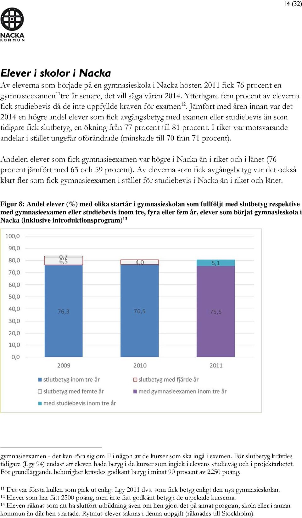 Jämfört med åren innan var det 2014 en högre andel elever som fick avgångsbetyg med examen eller studiebevis än som tidigare fick slutbetyg, en ökning från 77 procent till 81 procent.