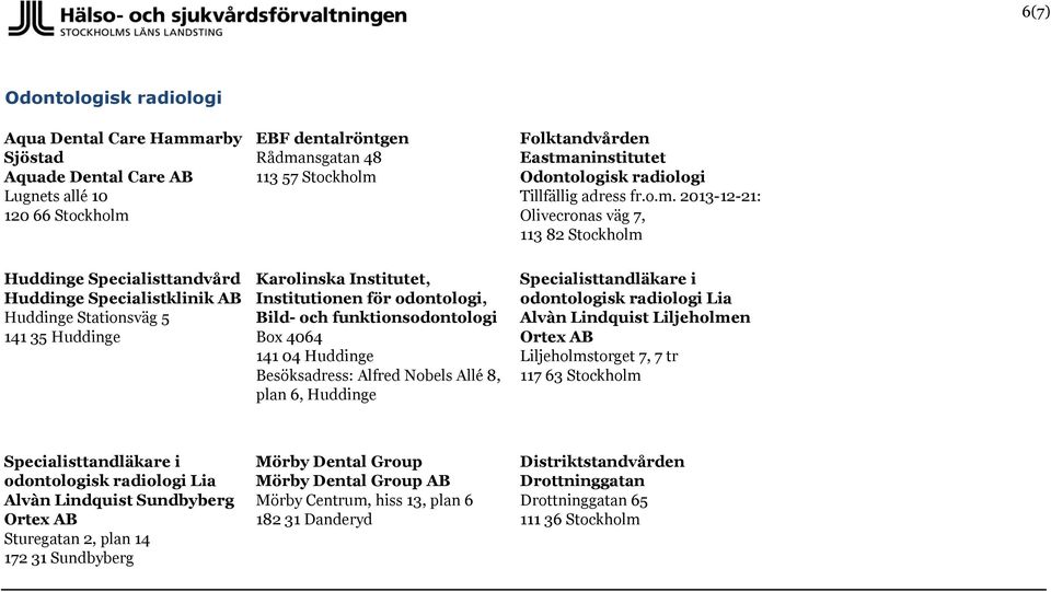 2013-12-21: Olivecronas väg 7, 113 82 Stockholm Huddinge Specialisttandvård Huddinge Specialistklinik AB Huddinge Stationsväg 5 141 35 Huddinge Bild- och funktionsodontologi plan 6,