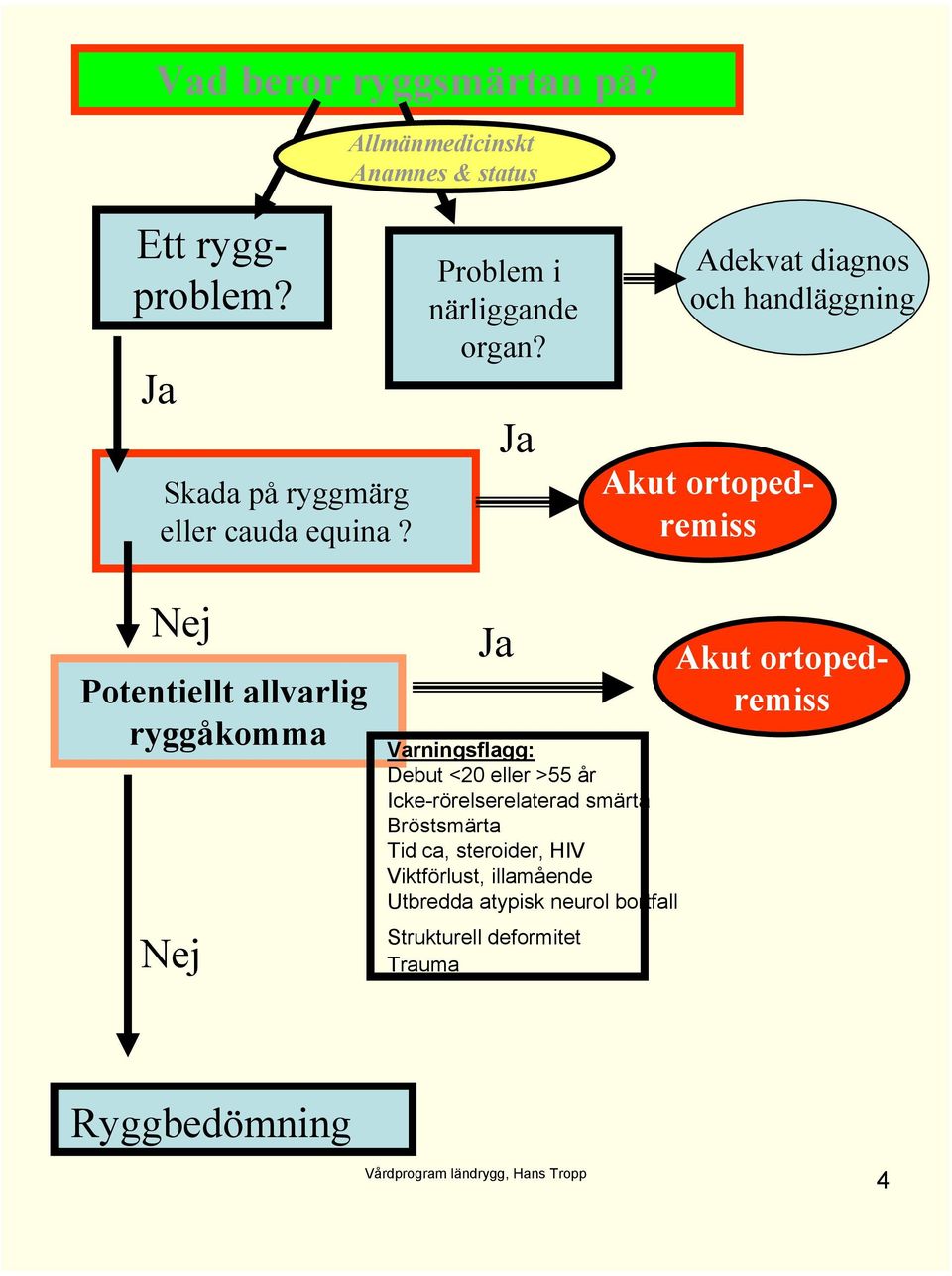 Adekvat diagnos och handläggning Akut ortopedremiss Potentiellt allvarlig ryggåkomma Varningsflagg: Debut <20 eller