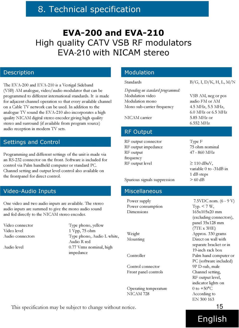 In addition to the analogue TV sound the EVA-210 also incorporates a high quality NICAM digital stereo encoder giving high quality stereo and surround (if available from program source) audio