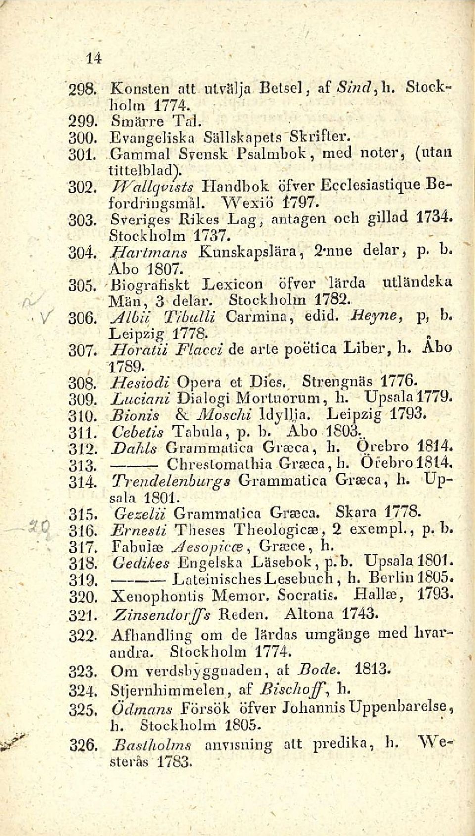 Biografiskt Lexicon öfver lärda utländska Man, 3 delar. Stockholm 1782. 306. jhbii Tibulli Carmina, edid. Heyne, p, b. Leipzig 1778. 307, Horatii Flacci de arle poetica Liher, h. Aho 1789. 308.