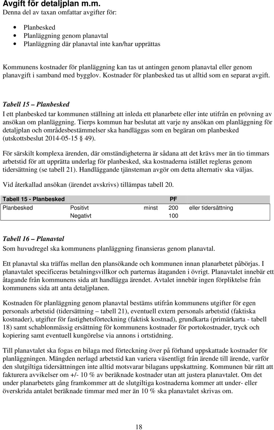 planavtal eller genom planavgift i samband med bygglov. Kostnader för planbesked tas ut alltid som en separat avgift.