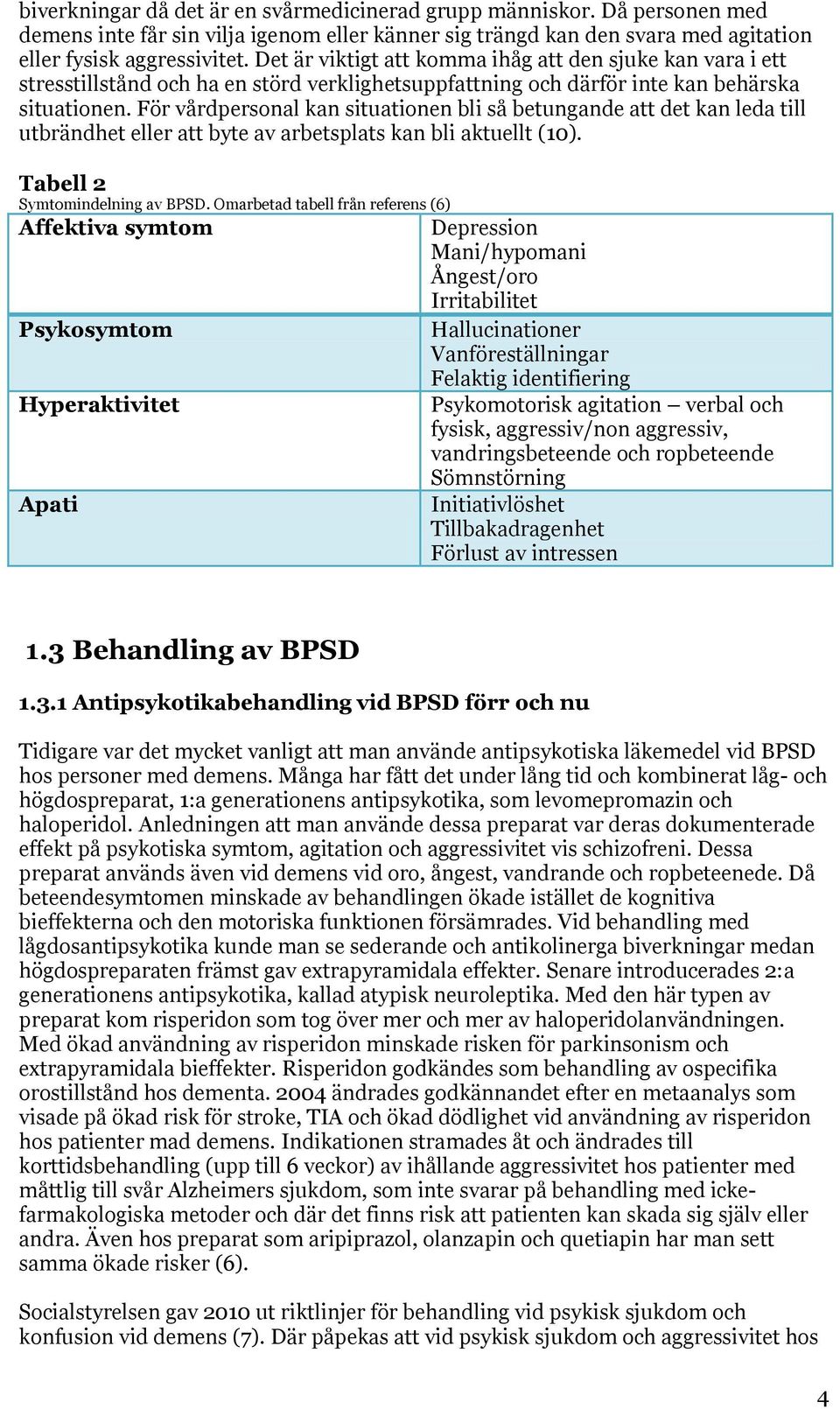 För vårdpersonal kan situationen bli så betungande att det kan leda till utbrändhet eller att byte av arbetsplats kan bli aktuellt (10). Tabell 2 Symtomindelning av BPSD.