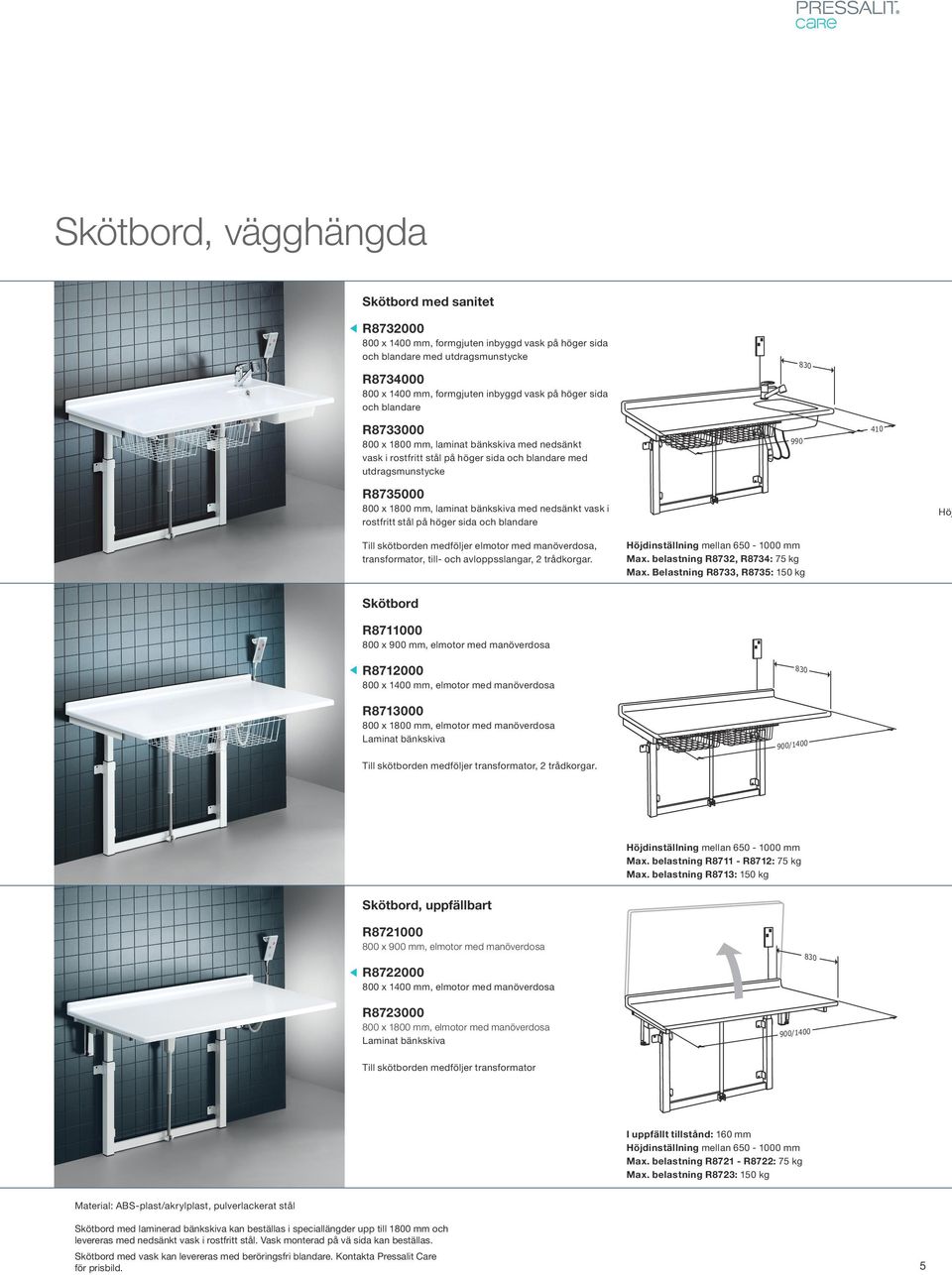 höger sida och blandare Höj Till skötborden medföljer elmotor med manöverdosa, transformator, till- och avloppsslangar, 2 trådkorgar. Max. belastning R8732, R8734: 75 kg Max.