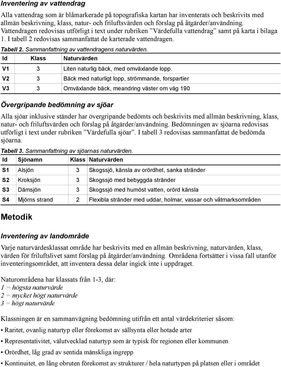 Sammanfattning av vattendragens naturvärden. Id Klass Naturvärden V1 Liten naturlig bäck, med omväxlande lopp.