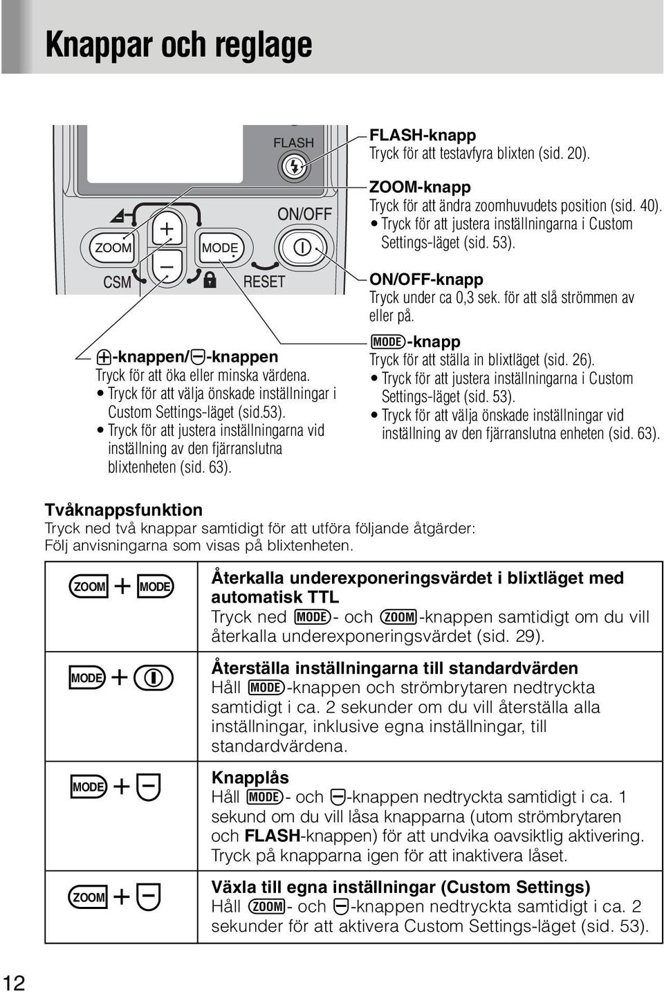 Tryck för att välja önskade inställningar i Custom Settings-läget (sid.53). Tryck för att justera inställningarna vid inställning av den fjärranslutna blixtenheten (sid. 63).