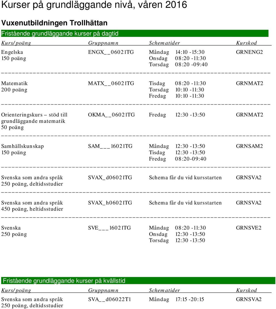 Orienteringskurs stöd till OKMA 06021TG Fredag 12:30-13:50 GRNMAT2 grundläggande matematik Samhällskunskap SAM 16021TG Måndag 12:30-13:50 GRNSAM2 1 Tisdag 12:30-13:50 Fredag 08:20-09:40 Svenska som