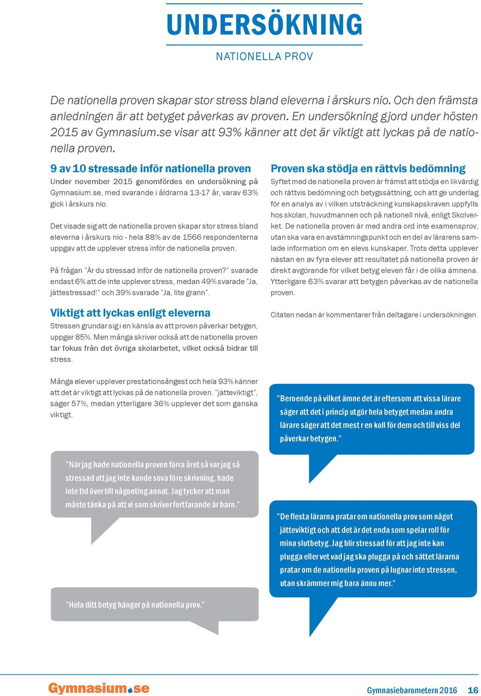 9 av 10 stressade inför nationella proven Under november 2015 genomfördes en undersökning på Gymnasium.se, med svarande i åldrarna 13-17 år, varav 63% gick i årskurs nio.