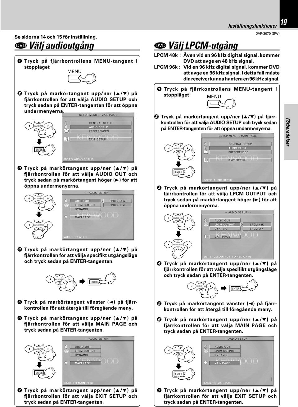 öppna undermenyerna. Inställningsfunktioner Välj LPCM-utgång LPCM 48k : Även vid en 96 khz digital signal, kommer DVD att avge en 48 khz signal.
