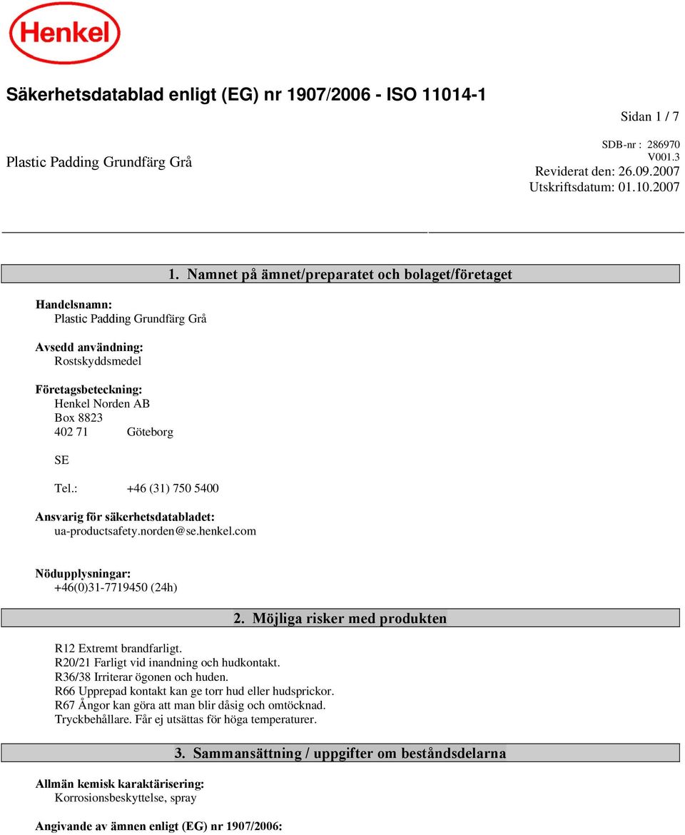 2007 Handelsnamn: Plastic Padding Grundfärg Grå Avsedd användning: Rostskyddsmedel Företagsbeteckning: Henkel Norden AB Box 8823 402 71 Göteborg SE Tel.