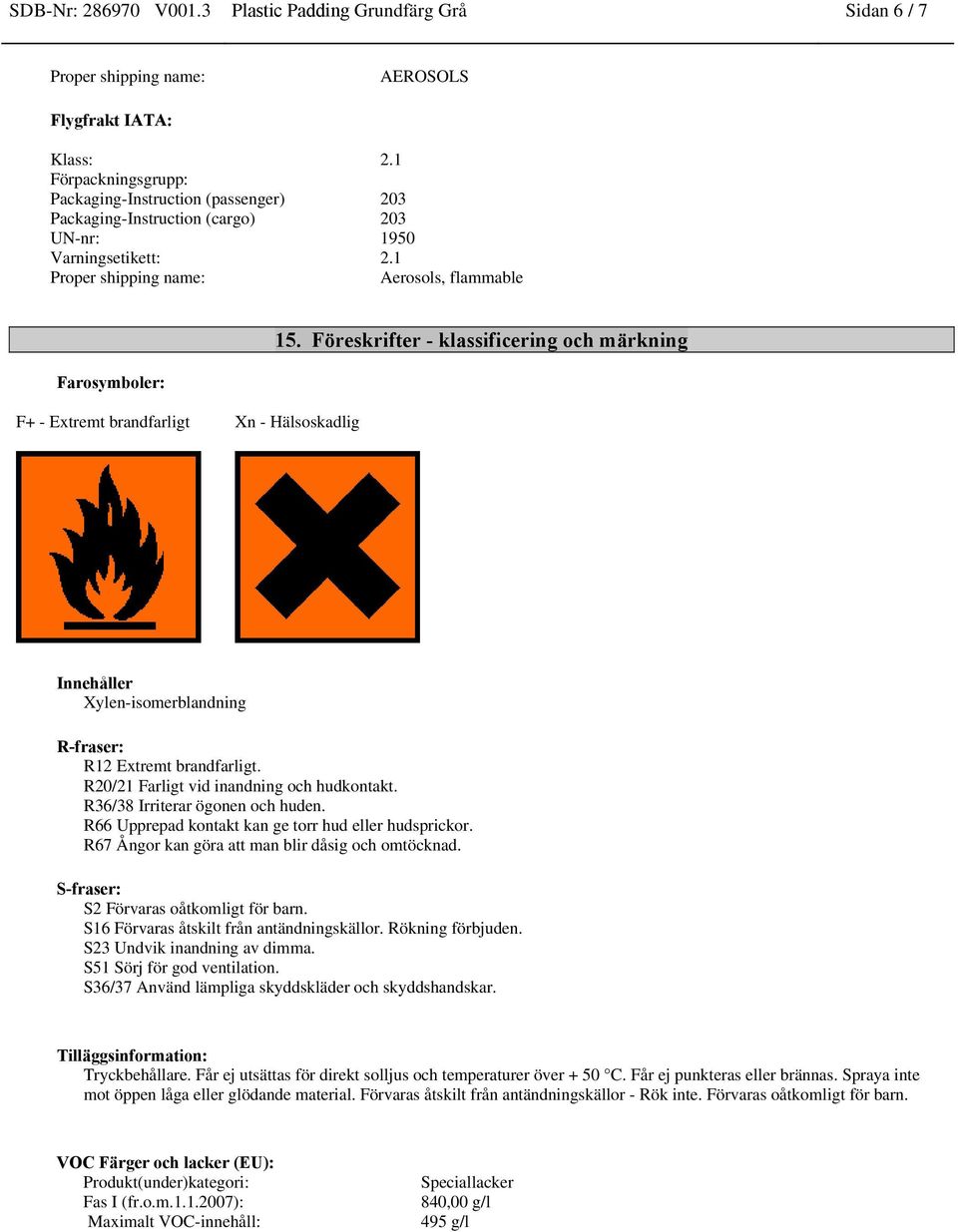 Föreskrifter - klassificering och märkning Innehåller Xylen-isomerblandning R-fraser: R12 Extremt brandfarligt. R20/21 Farligt vid inandning och hudkontakt. R36/38 Irriterar ögonen och huden.